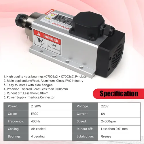 Vista 3 de CNCTOPBAOS Motor de husillo de enrutador CNC de 2200 W 220 V, cuadrado 2.2KW motor de husillo refrigerado por aire ER20 400Hz 24000rpm 4 rodamientos