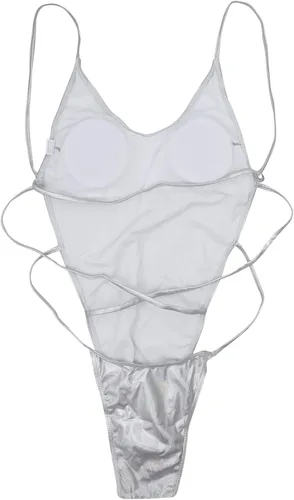 Vista 4 de Traje de baño de una pieza plateado metálico para mujer, sexy, con tirantes, espalda descubierta, corte alto, traje de baño para festival rave