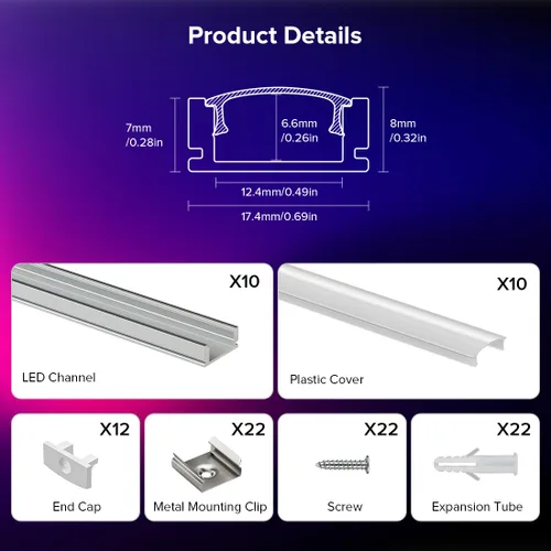 Vista 7 de BTF-LIGHTING - Sistema de canal de aluminio LED de 1.64 pies, paquete de 10 Blanco