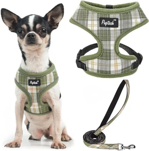 Vista 97 de PUPTECK Juego de arnés y correa de malla suave para perro, cachorro y gato, cómodo chaleco acolchado sin tirones, azul Pascua, S