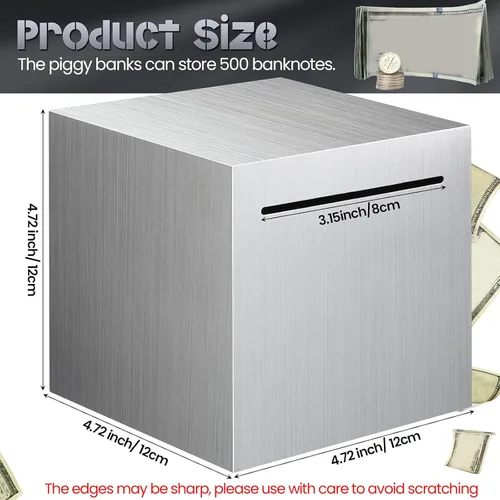 Vista 3 de 4 alcancías para adultos, de acero inoxidable, caja de ahorros imprescindible para abrir, caja de ahorro de metal, 4.72 pulgadas (plateada)