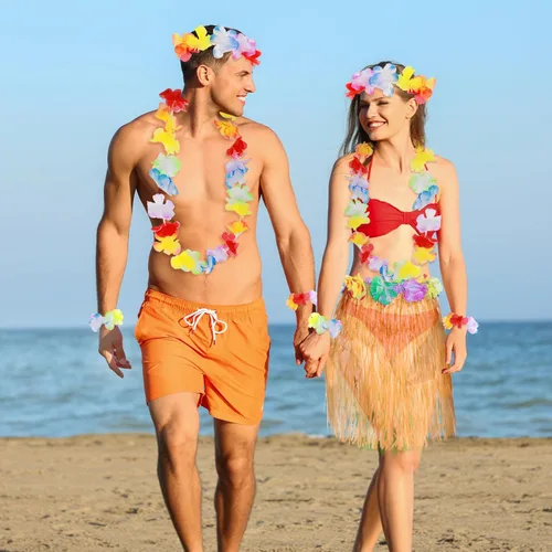 Vista 7 de Paquete de 5 faldas hawaianas de hierba hula para fiesta de Hawaii Luau, falda de baile Hula con accesorio de disfraz de fiesta hawaiana Lei Hawaii
