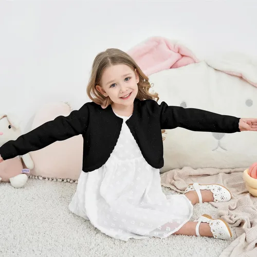 Vista 2 de Bolero de manga larga con brillo para niñas, cardigan con cierre de botón, de punto, para niñas de 3 a 12 años Negro