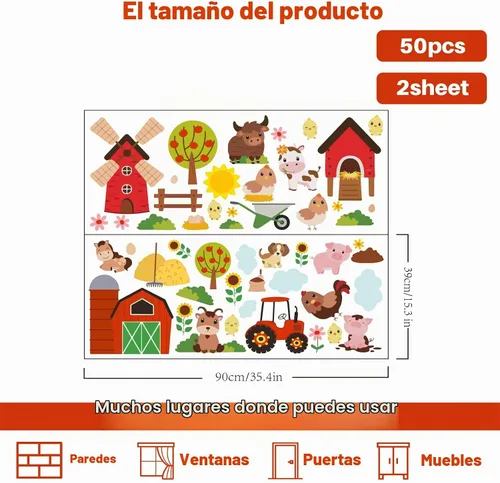 Vista 5 de PLIGREAT 2 hojas de calcomanías de pared de animales de granja, dibujos animados, vaca, cerdo, granja, casa, decoración para dormitorio, sala