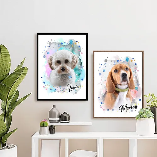 Vista 6 de Pintura de acuarela personalizada con retrato de perro y gato, impresiones en lienzo enmarcadas con tus fotos, arte de pared para decoración
