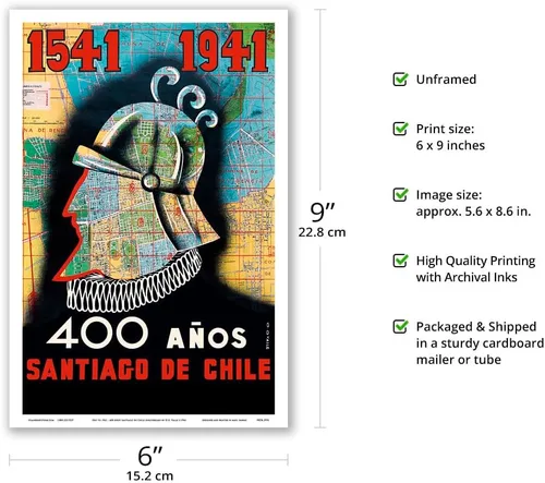 Vista 2 de 1541 a 1941-400 años Santiago de Chile (400 aniversario de Santiago Chile) – Conquistador – Póster de viaje vintage por O.O. Valle c.1941