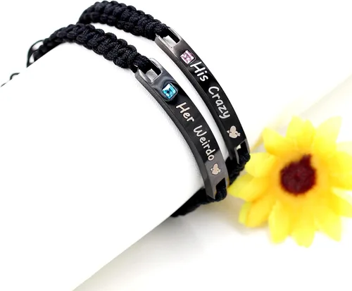 Vista 3 de Uloveido 1 par de pulseras trenzadas hechas a mano con grabado para parejas, parejas para él y ella, pulseras para hombres, mujeres, novio y novia