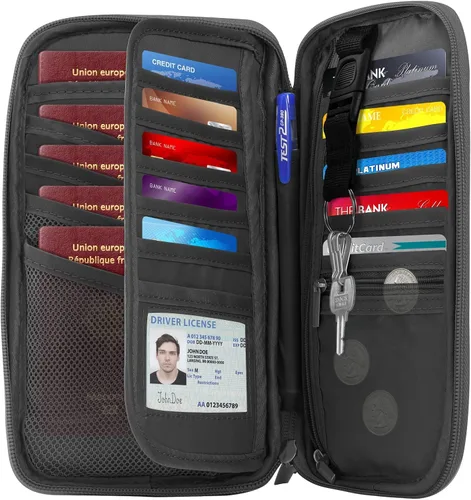 Vista 2 de Soporte para pasaporte de viaje RFID para la familia, soporte grande impermeable para pasaporte de viaje para hombres y mujeres, organizador