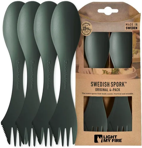 Vista 8 de Light My Fire Spork Original Paquete de 4 - Combinación 3 en 1 de Cuchara Tenedor Cuchillo para Acampar, Utensilios Reutilizables de Viaje