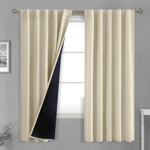 Vista 103 de BGment Cortinas 100% opacas beige de 63 pulgadas de largo con forro aislante térmico, bolsillo para varilla y lengüeta trasera de doble capa