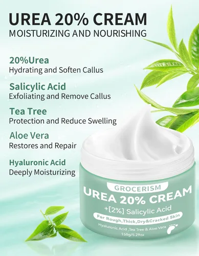 Vista 3 de Crema de urea 20 por ciento para pies más 2% ácido salicílico 5.29 oz Crema de pies y manos de máxima fuerza con ácido hialurónico, árbol de té