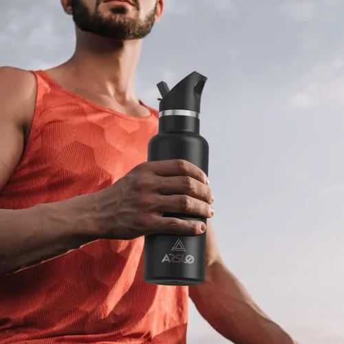 Vista 7 de Botellas de agua de doble pared de acero inoxidable, botella aislada al vacío con tapa con pajilla, botella de agua aislada que mantiene el agua