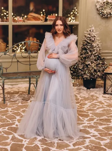 Vista 6 de Vestido de maternidad con volantes de tul para sesión de fotos, manga larga, cuello en V, baby shower, lencería de embarazo