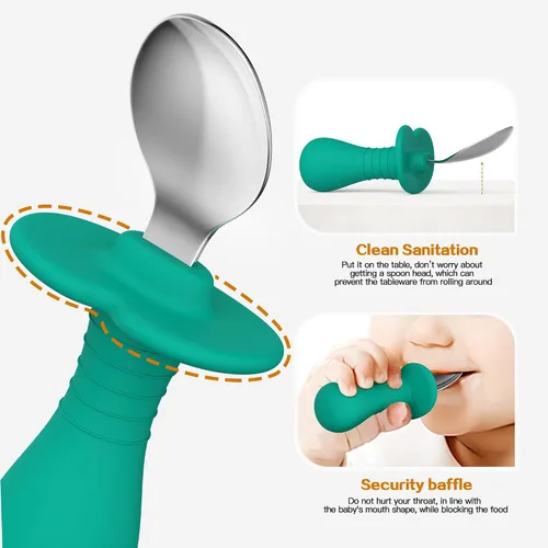 Vista 5 de Juego de 4 cucharas para bebés, juego de cubiertos para niños con mango de silicona, cucharas seguras para niños de acero inoxidable 18/8, sin BPA