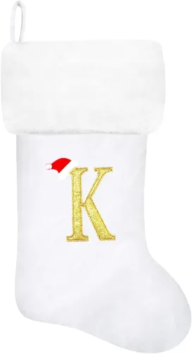 Vista 113 de Calcetines de Navidad bordados de 20 pulgadas con monograma, terciopelo negro con puño de felpa blanca supersuave, adornos clásicos para decoración