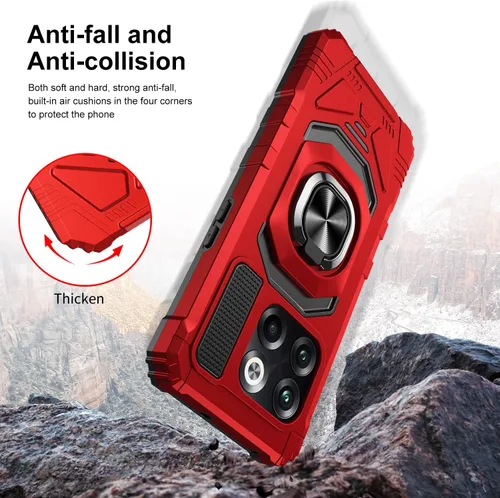 Vista 7 de Funda para OnePlus 10T 5G con protector de pantalla de vidrio templado, con soporte magnético para anillo de automóvil, funda resistente (rojo)