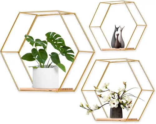 Vista 10 de Estantes flotantes hexagonales montados en la pared, juego de 3 en diferentes tamaños, estante de pared de metal moderno, estantes de almacenamiento