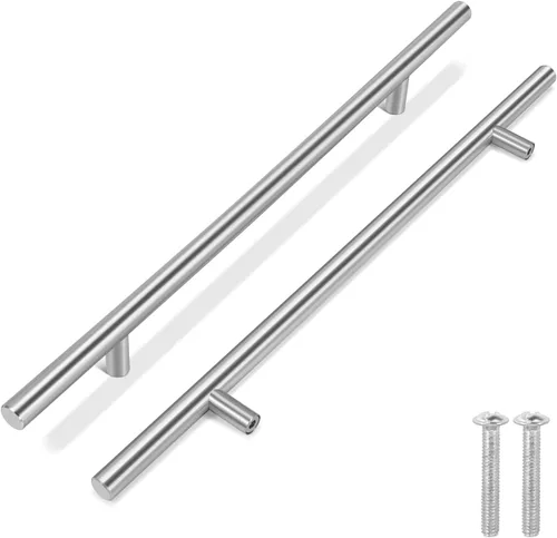 Vista 10 de Flexzion Paquete de 10 pomos para gabinetes de cocina, tiradores de barra en T, tiradores de cajón de 2 pulgadas de un solo agujero, acero