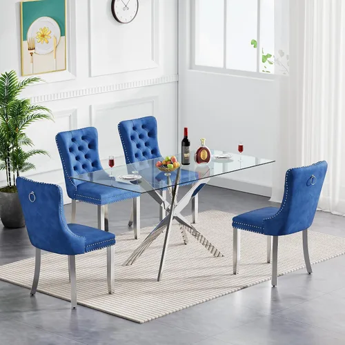 Vista 19 de Juego de mesa de comedor de cristal para cocina de 4, 5 piezas, mesa de comedor rectangular de 51 pulgadas con 4 sillas de cocina de terciopelo