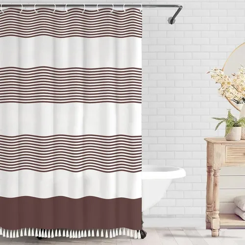 Vista 17 de bufftieo Cortina de ducha en blanco y negro para baño con diseño bohemia a rayas, cortina de ducha de tela moderna con borlas estilo granjero - 54