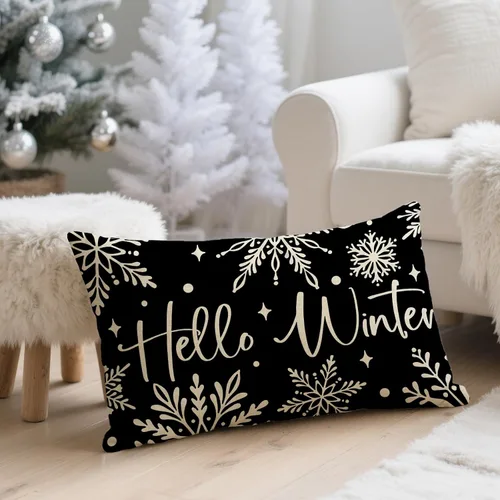 Vista 2 de Fahrendom Hello Winter - Funda de almohada rectangular decorativa lumbar negra de 12 x 20 pulgadas, diseño de copos de nieve de Navidad, porche