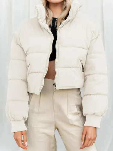 Vista 7 de MEROKEETY Women's Winter Cropped Puffer Jacket Long Sleeve Oversized Stand Collar Zip-Up Short Down Coat