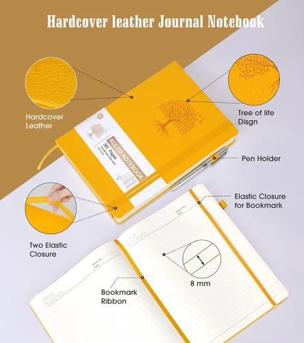 Vista 4 de Cuaderno rayado, 365 páginas, tamaño A4, diario grande para escribir a rayas, diario de cuero de tapa dura para mujeres y hombres, cuaderno diario