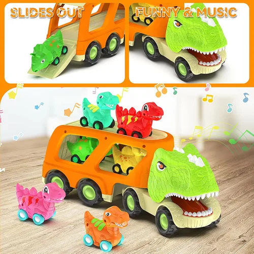 Vista 2 de Veslier Juguetes de Dinosaurio para Niños de 2-4 y 3-5 años con 6 Vehículos de Coche de Dinosaurio, Camión Transportador de Dino con Música y Sonido