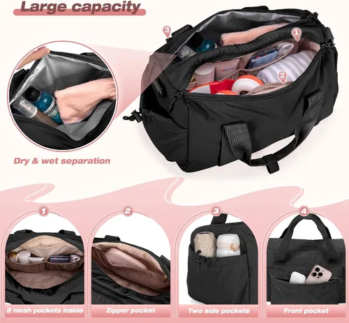 Vista 2 de Pequeña bolsa de gimnasio para mujer, bolsa de viaje con compartimento impermeable, bolsa de transporte para el fin de semana para deportes