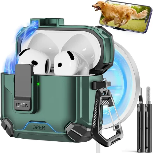 Vista 25 de Pohgelan - Funda compatible con AirPods Pro 2ª/1ª (verde) Cerradura magnética automática con kit de limpieza, compatible con Magsafe