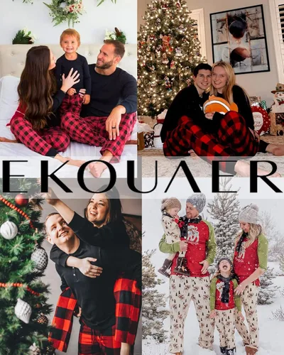 Vista 5 de Ekouaer Pijamas a juego para la familia, ropa de dormir de Navidad de manga larga con pantalones a cuadros, conjunto de pijamas suaves S-XXL