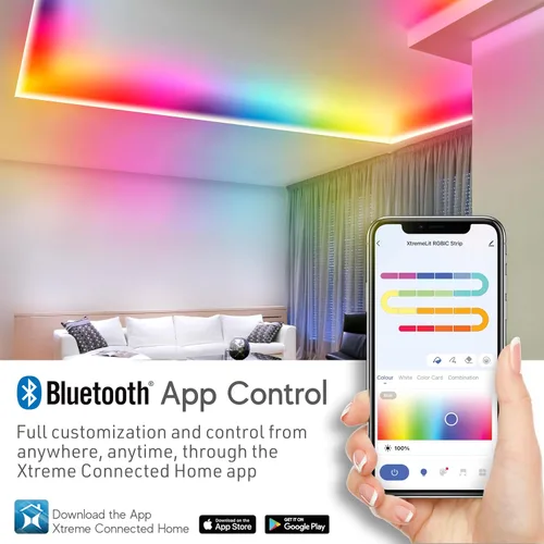 Vista 4 de XTREME Tira de luz LED RGB+IC, tira de luz LED de 50 pies para interiores, reactiva con sonido multicolor, control de aplicación Bluetooth, luces