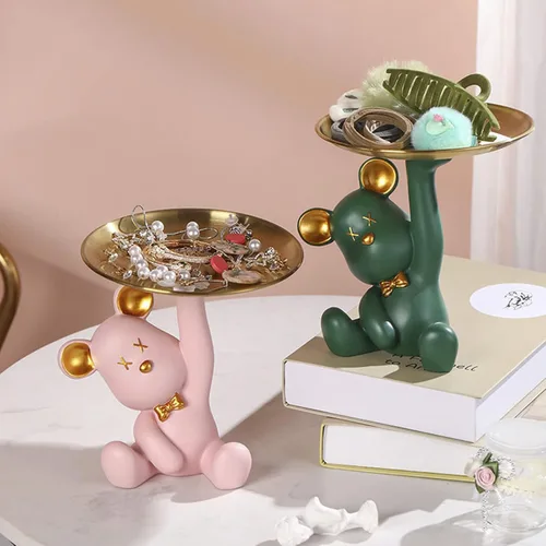 Vista 6 de Escultura de oso de dibujos animados de resina con bandeja de metal, bandeja de almacenamiento de figuras de animales, bandeja de almacenamiento