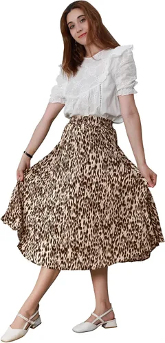 Vista 4 de CHARTOU - Falda drapeada, acampanada, cintura alta elástica, moderna, estampado de leopardo y largo por debajo de la rodilla para mujer