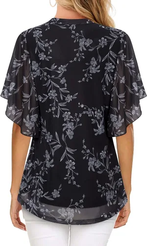 Vista 3 de Timeson Blusas de manga corta con cuello en V para mujer, camisas florales de doble capa de malla