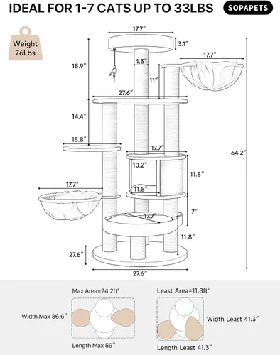 Vista 9 de Árbol para gatos extra grande para Maine Coon, torre de árbol para gatos de interior de 65 pulgadas de altura para gatos adultos grandes de 20