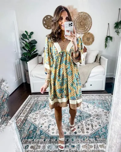 Vista 6 de BTFBM Vestidos casuales de primavera y verano para mujer, cuello en V, manga larga 34, con volantes, floral, estilo bohemio, mini vestido de playa