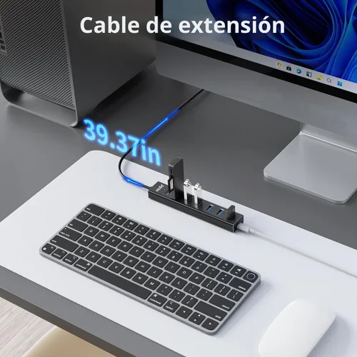 Vista 6 de atolla Hub USB 3.0 de aluminio de 7 puertos con cable de extensión de 3.3 ft, transferencia de datos de alta velocidad de 5 Gbps para MacBook Pro