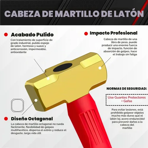 Vista 4 de C&T Martillo de trineo de latón de 1 libra, sin chispas, mango cómodo de fibra de vidrio, 1 libra, no magnético, resistente a la corrosión