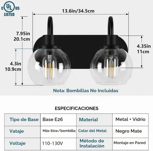 Vista 2 de Dpyrrhic Moderna lámpara de tocador de 2 luces, accesorio de iluminación de baño sobre espejo con pantalla de vidrio transparente y base de metal
