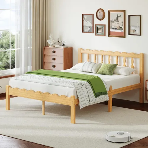Vista 9 de Base de cama de bambú individual de 14 pulgadas con cabecera ondulada de mediados de siglo, cama de plataforma de madera maciza resistente