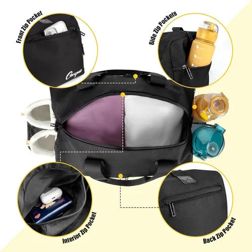 Vista 4 de Gryme Bolsa de gimnasio pequeña de 15 pulgadas con compartimento para zapatos y bolsillo húmedo, mini bolsa de lona para hombres y mujeres, pequeña