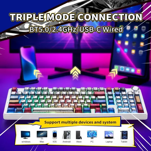 Vista 3 de x Aula F99 Pro Teclado Mecánico, Teclados Inalámbricos para Juegos RGB Retroiluminados Intercambiables en Caliente Personalizados en Crema