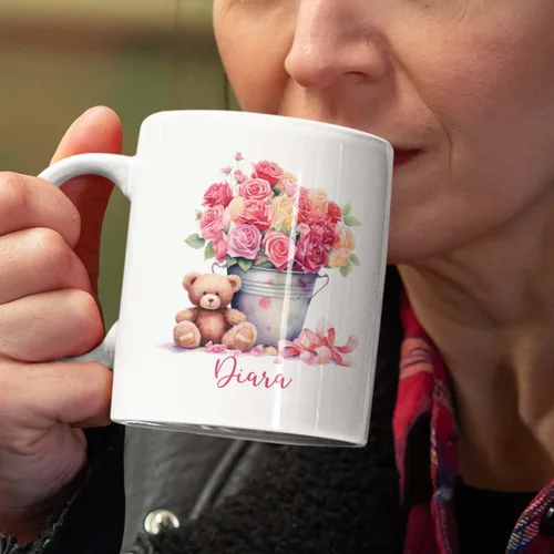 Vista 3 de Tazas de cerámica personalizadas del cubo de rosas con nombre, Taza de flores, Taza de café de flores de rosas personalizadas, Taza de té floral
