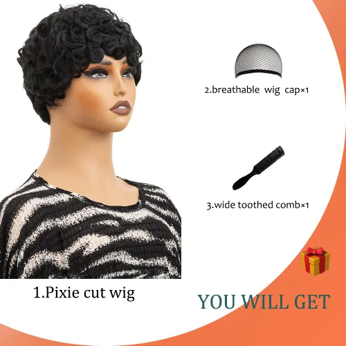 Vista 5 de Cabello rizado Pixie para mujer con flequillo para mujer (negro y rizado) Pixie - Pelucas sintéticas en capas, pelucas cortas para mujeres negras