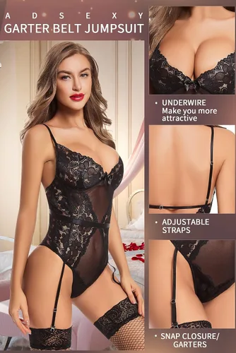 Vista 3 de ADSEXY Conjunto de lencería de liga para mujer, body de peluche exótico, sexy, de una pieza, babydoll de encaje, corsé (sin medias)