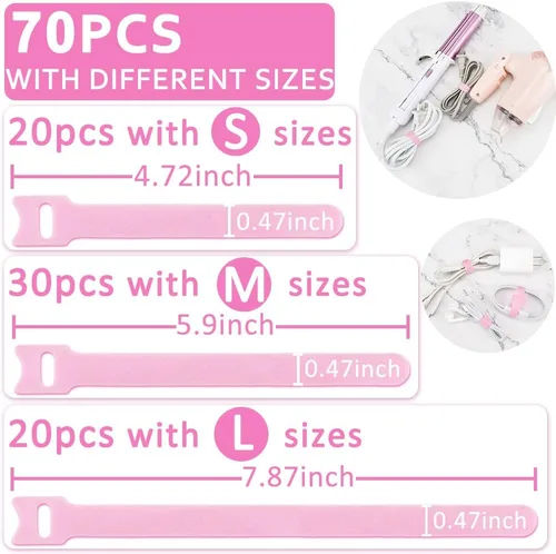 Vista 4 de 70 bridas de cables reutilizables color rosa, para organizar cables, reutilizables, para electrónica, de gancho y bucle para computadora, de 4, 6, 8