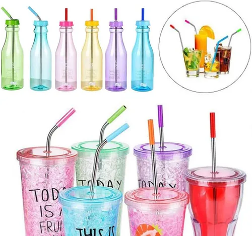Vista 4 de Hoshen Paquete de 8 popotes reutilizables de acero inoxidable, combinación de paja curvada/recta de 8.5 pulgadas, 0.236 in, se adapta a 20 vasos