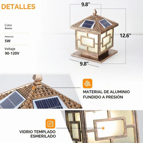 Vista 5 de Luces solares para postes al aire libre, IP65, impermeables, de bronce, lámparas de columna exterior de 9.8 pulgadas, luces de pilar de aluminio