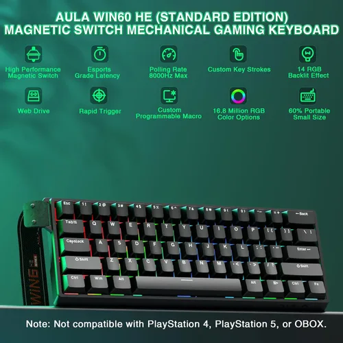 Vista 2 de Aula WIN60 HE - Teclado mecánico 60% para juegos con cable, interruptor magnético intercambiable en caliente, accionamiento ajustable, modo